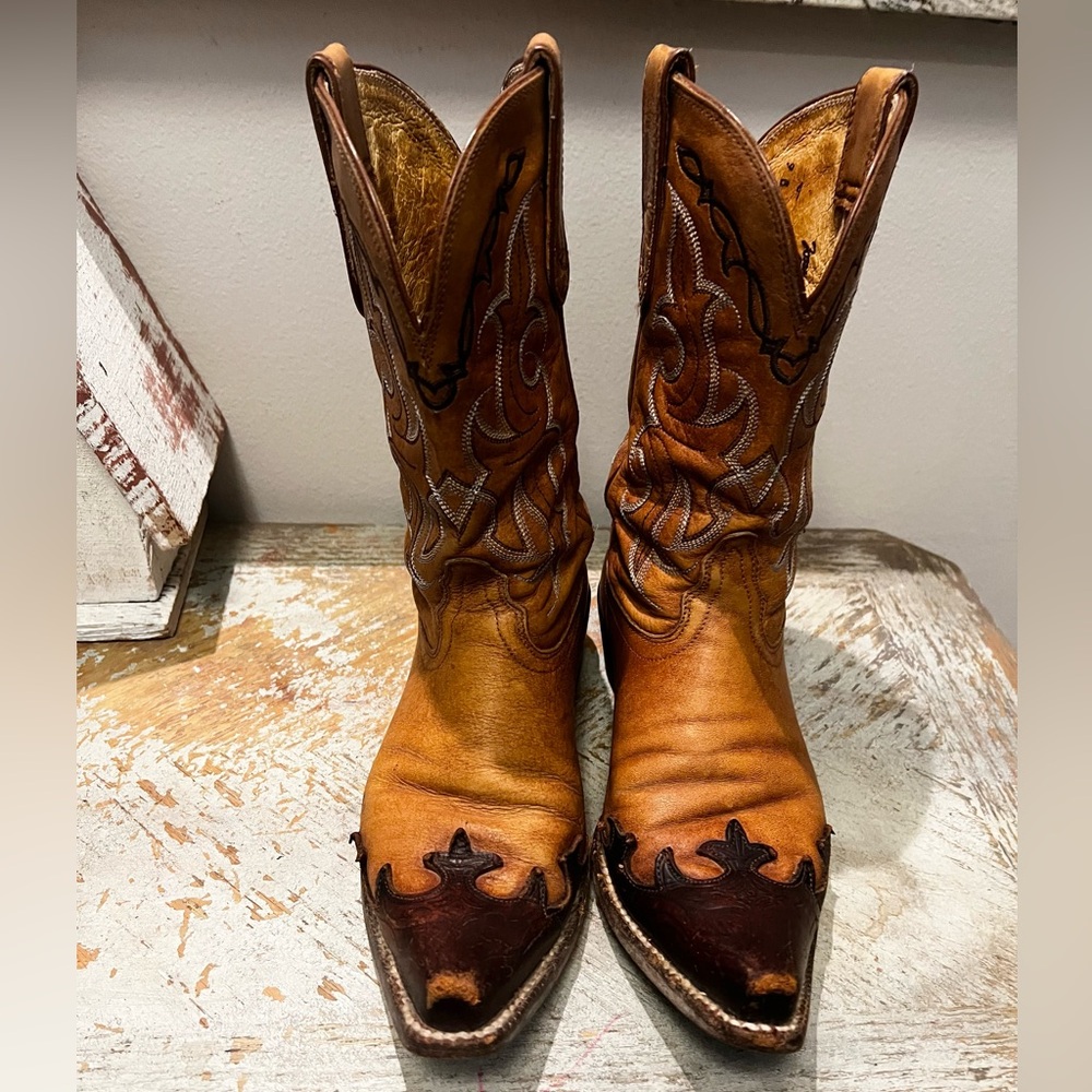Tony Lama Two-Tone Tan and Dark Brown Western Heeled Cowboy Boots - Picture 2 of 14